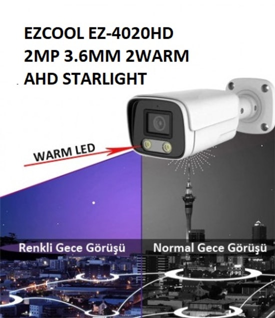 Ezcool EZ-4020HD 2MP 3.6mm Full-Color Bullet Güvenlik Kamerası - 40m Gece Görüş, Metal Kasa, 2 LED, AHD, Sabit Lens