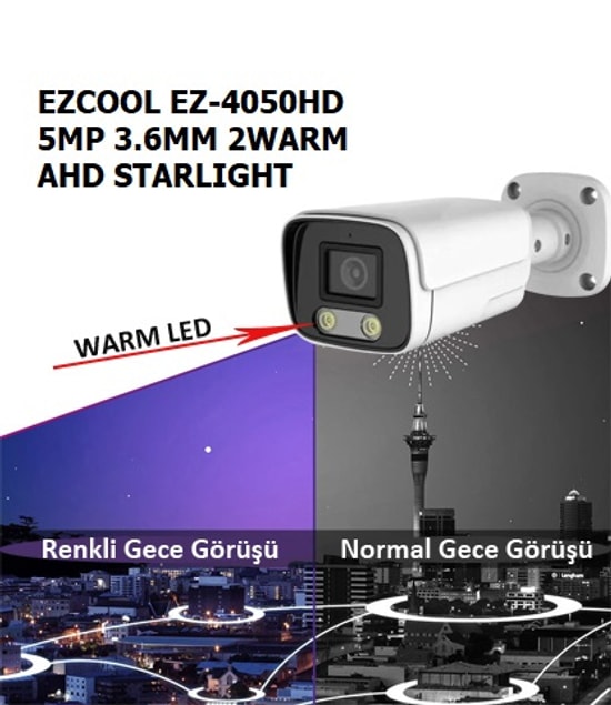Ezcool EZ-4050HD 5MP 3.6mm Full-Color AHD Bullet Güvenlik Kamerası - 40m Gece Görüş, Metal Kasa, Starlight Sabit Lens