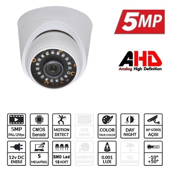Ezcool EZ-5025HD 5 MP AHD Dome Güvenlik Kamerası - 3.6mm Sabit Lens, 30m Gece Görüş, Plastik Kasa, Opsiyonel Ses Desteği