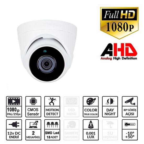 Ezcool EZ-5120HD 2MP AHD Dome Güvenlik Kamerası - 2.8mm Sabit Lens, 30m Gece Görüş, 18 LED, Plastik Kasa, Full HD