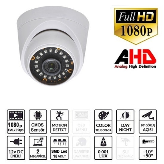 Ezcool EZ-5020HD 2MP AHD Dome Güvenlik Kamerası - 3.6mm Sabit Lens, 30m Gece Görüş, 18 LED, Plastik Kasa, Full HD HD120