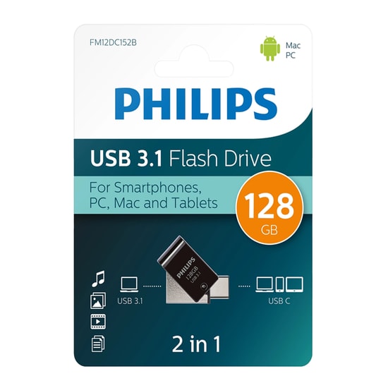 Philips FM12DC152 128GB USB 3.1 Type-C Flash Bellek - 150MB/s Okuma Hızı, Çift Taraflı Kullanım, Metal Tasarım