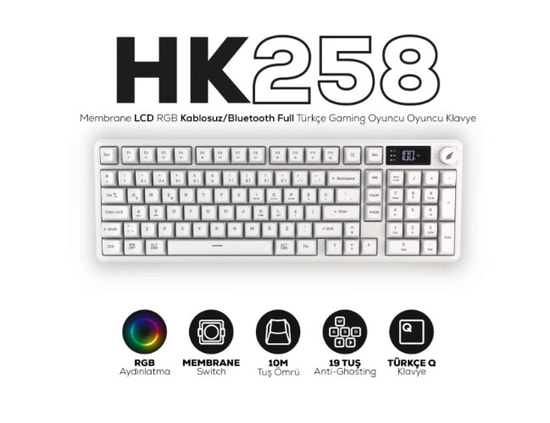 Hawk HK258W Beyaz Q Türkçe RGB Kablosuz Gaming Klavye - Bluetooth, LCD Ekran, 19 Anti-Ghosting, Şarj Edilebilir Pil