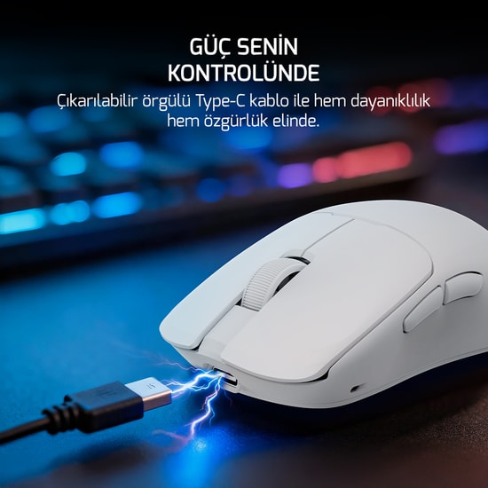 Gamepower Radus White Kablolu/Kablosuz Gaming Mouse - 12000 DPI, PAW3311 Sensör, 43g Hafif Tasarım, 7 Tuş, Beyaz
