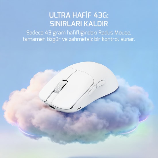 Gamepower Radus White Kablolu/Kablosuz Gaming Mouse - 12000 DPI, PAW3311 Sensör, 43g Hafif Tasarım, 7 Tuş, Beyaz
