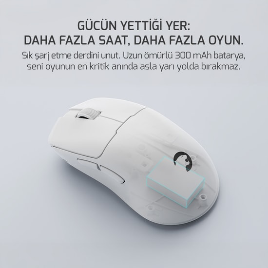 Gamepower Radus White Kablolu/Kablosuz Gaming Mouse - 12000 DPI, PAW3311 Sensör, 43g Hafif Tasarım, 7 Tuş, Beyaz