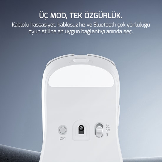 Gamepower Radus White Kablolu/Kablosuz Gaming Mouse - 12000 DPI, PAW3311 Sensör, 43g Hafif Tasarım, 7 Tuş, Beyaz