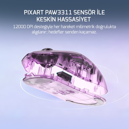 Gamepower Radus White Kablolu/Kablosuz Gaming Mouse - 12000 DPI, PAW3311 Sensör, 43g Hafif Tasarım, 7 Tuş, Beyaz