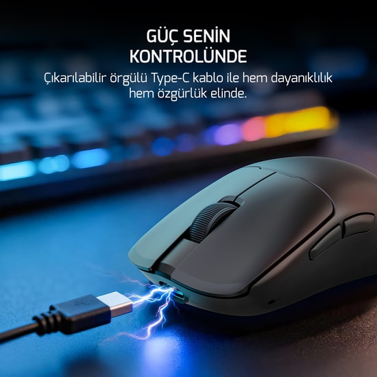 Gamepower Radus Black Kablolu/Kablosuz Gaming Mouse - 12000 DPI, PAW3311 Sensör, 43g Hafif Tasarım, 7 Tuş, Siyah