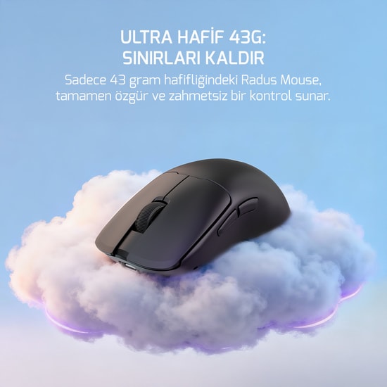 Gamepower Radus Black Kablolu/Kablosuz Gaming Mouse - 12000 DPI, PAW3311 Sensör, 43g Hafif Tasarım, 7 Tuş, Siyah