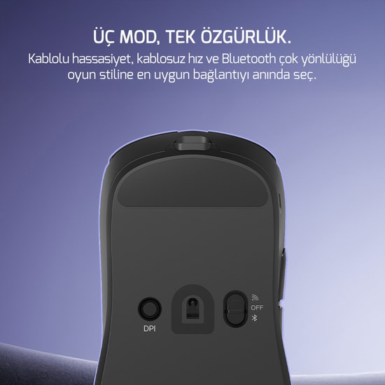 Gamepower Radus Black Kablolu/Kablosuz Gaming Mouse - 12000 DPI, PAW3311 Sensör, 43g Hafif Tasarım, 7 Tuş, Siyah