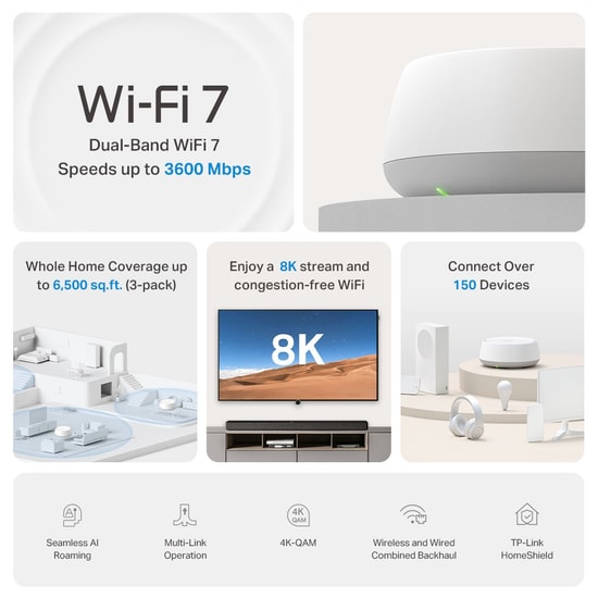 TP-Link Deco BE22-2P BE3600 Mesh Wi-Fi 7 Sistemi İkili Paket - 3600Mbps, Dual Band, Gigabit Port, AI-Roaming