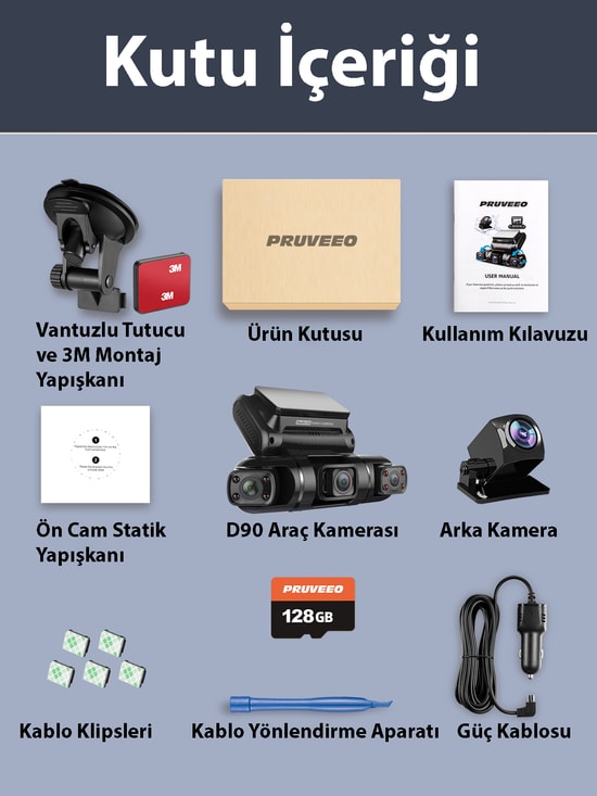 Pruveeo D90 4 Kanallı FHD Wi-Fi GPS Araç Kamerası + 128GB SD Kart - 1080P, 3 inç Ekran, 150 Derece Görüş Açısı