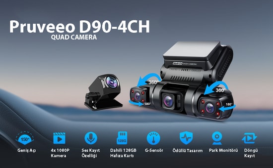 Pruveeo D90 4 Kanallı FHD Wi-Fi GPS Araç Kamerası + 128GB SD Kart - 1080P, 3 inç Ekran, 150 Derece Görüş Açısı