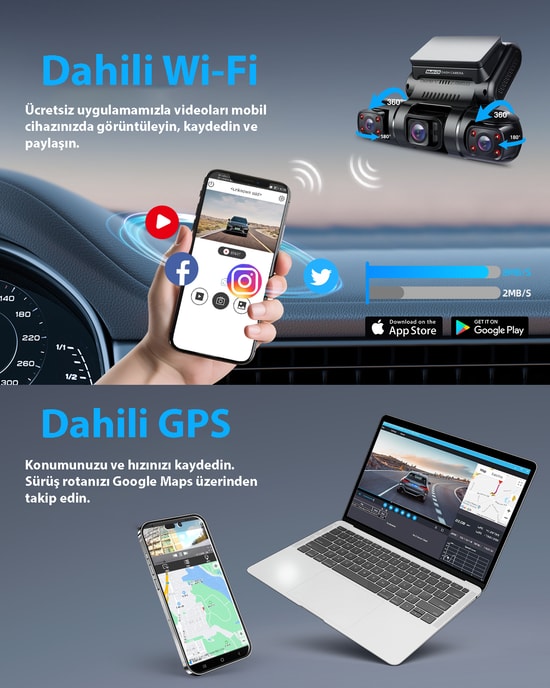 Pruveeo D90 4 Kanallı FHD Wi-Fi GPS Araç Kamerası + 128GB SD Kart - 1080P, 3 inç Ekran, 150 Derece Görüş Açısı