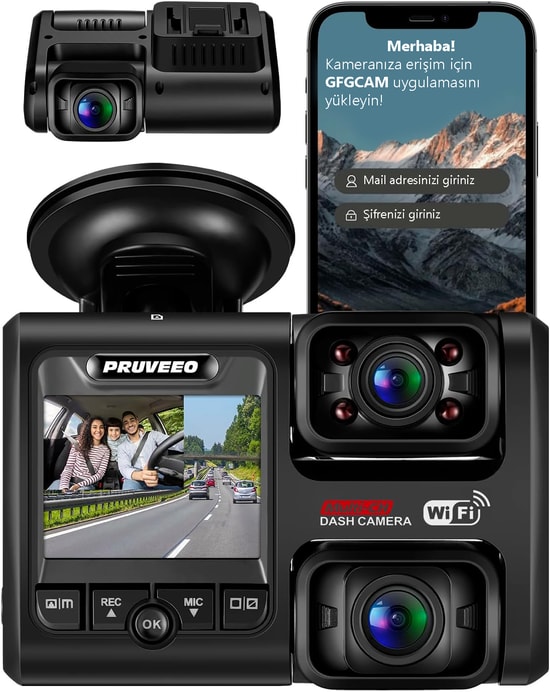 Pruveeo D30 Wi-Fi 4K Araç İçi Kamera - 1080P Çift Kanal, 300 Derece Görüş Açısı, Gece Görüşlü, Park Monitörü