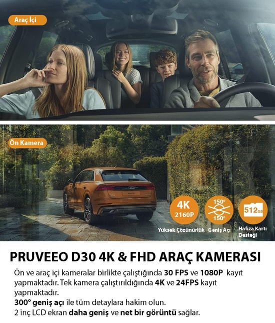 Pruveeo D30 Wi-Fi 4K Araç İçi Kamera - 1080P Çift Kanal, 300 Derece Görüş Açısı, Gece Görüşlü, Park Monitörü