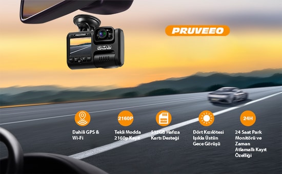Pruveeo D30 Wi-Fi 4K Araç İçi Kamera - 1080P Çift Kanal, 300 Derece Görüş Açısı, Gece Görüşlü, Park Monitörü