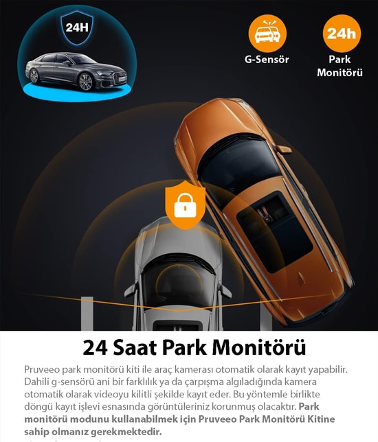 Pruveeo D30 Wi-Fi 4K Araç İçi Kamera - 1080P Çift Kanal, 300 Derece Görüş Açısı, Gece Görüşlü, Park Monitörü