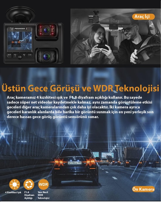 Pruveeo D30 Wi-Fi 4K Araç İçi Kamera - 1080P Çift Kanal, 300 Derece Görüş Açısı, Gece Görüşlü, Park Monitörü
