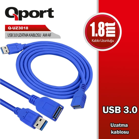 Qport Q-UZ3018 1.8 Metre USB 3.0 Uzatma Kablosu - Yüksek Hızlı Veri Aktarımı, Dayanıklı ve Esnek Yapı, Siyah Renk