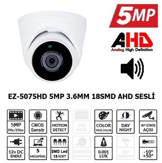 Ezcool EZ-5075HD 5MP AHD Dome Güvenlik Kamerası - 3.6mm Sabit Lens, 18 LED SMD Gece Görüş, Dahili Sesli, İç Mekan