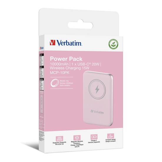 Verbatim 32248 Pembe 10000mAh MagSafe Powerbank - 15W Kablosuz Şarj, 20W PD Hızlı Şarj, Type-C, Lityum Polimer Pil