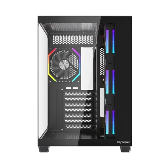 1st Player BV7 Siyah 750W 80+ Bronze ATX Kasa (BV7-BLK-4F-B750W) - Panoramik Cam, 4x12cm ARGB Fan, USB 3.0