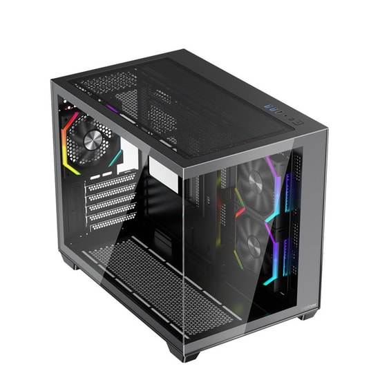 1st Player BV6 Siyah 650W 80+ Bronze ARGB M-ATX Kasa (BV6-BLK-3F-B650W) - Panoramik Cam, 3x12cm Fan, USB 3.0