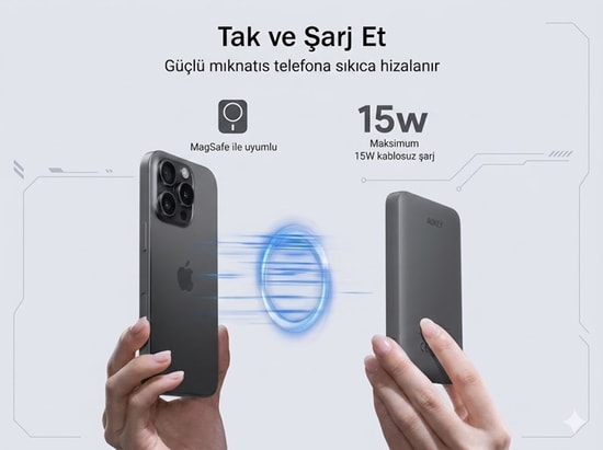 Aukey MagFusion PB-MS03-GY 5000mAh Gri Magsafe Powerbank - 15W Kablosuz Şarj, PD 20W Type-C Hızlı Şarj, Taşınabilir Şarj