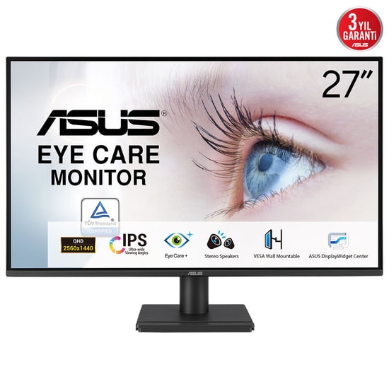 Asus VA27AQ 27" 1ms 75Hz QHD IPS Eye Care Monitör - 2560x1440, HDMI, DisplayPort, Hoparlör, VESA, Çerçevesiz