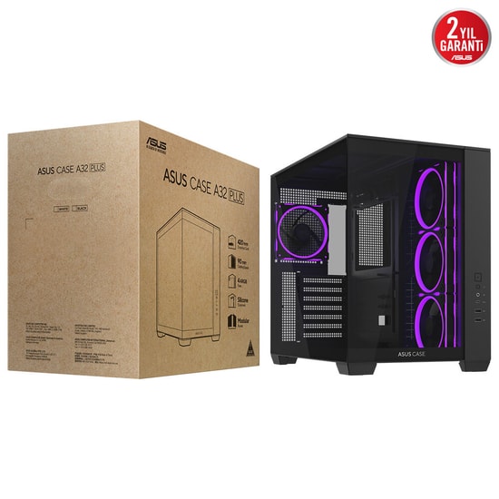 Asus A32 PLUS Siyah ATX Oyuncu Kasası - 360mm Radyatör, 420mm GPU, 4x ARGB Fan, USB 3.2 Type-C, Temperli Cam Panoramik