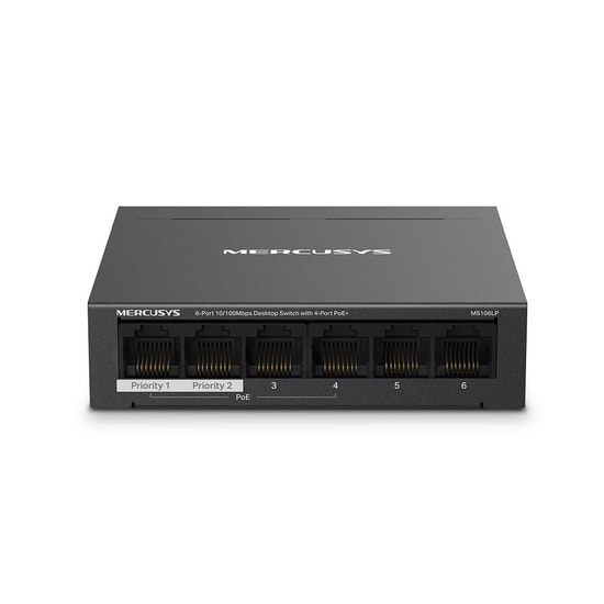 TP-Link Mercusys MS106LP 6 Port Masaüstü Switch - 4 Port 10/100Mbps PoE+ (40W), 2 Uplink, Metal Kasa, Yönetilemez