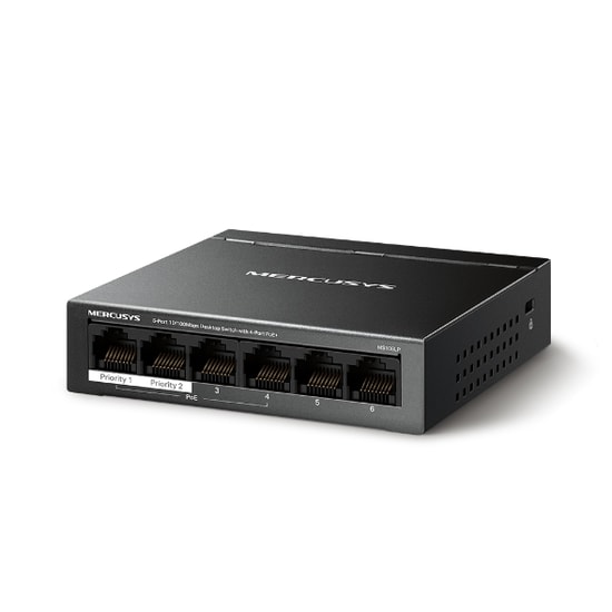 TP-Link Mercusys MS106LP 6 Port Masaüstü Switch - 4 Port 10/100Mbps PoE+ (40W), 2 Uplink, Metal Kasa, Yönetilemez