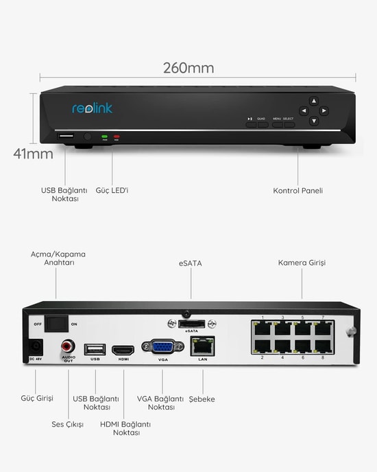Reolink RLN8-410-NHD-RP-PN8 8 Kanal NVR Kayıt Cihazı - 16MP Çözünürlük, 2x16TB HDD Desteği, IP Kayıt Sistemi