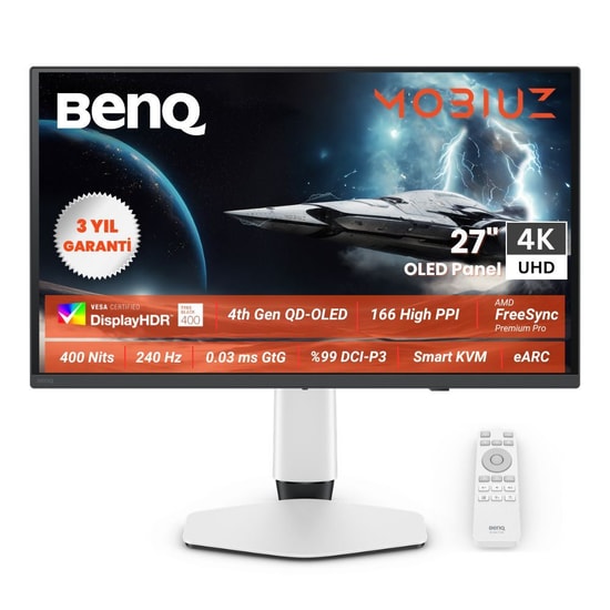 BenQ Mobiuz EX271UZ 26.5" 4K 240Hz 0.03ms OLED Oyuncu Monitörü - 3840x2160, QD-OLED, FreeSync Premium Pro, USB-C 90W