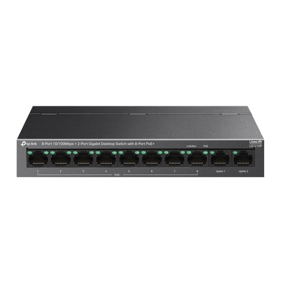 TP-Link LS1210P 8 Port 10/100 Mbps PoE+ Switch - 96W Toplam Güç, 2 Port Gigabit Uplink, Masaüstü Metal Kasa Switch