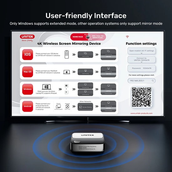 Unitek V1162B01 4K 60Hz Kablosuz Görüntü Aktarıcı - iOS, MacOS, Android ve Windows Destekli Sunum Cihazı