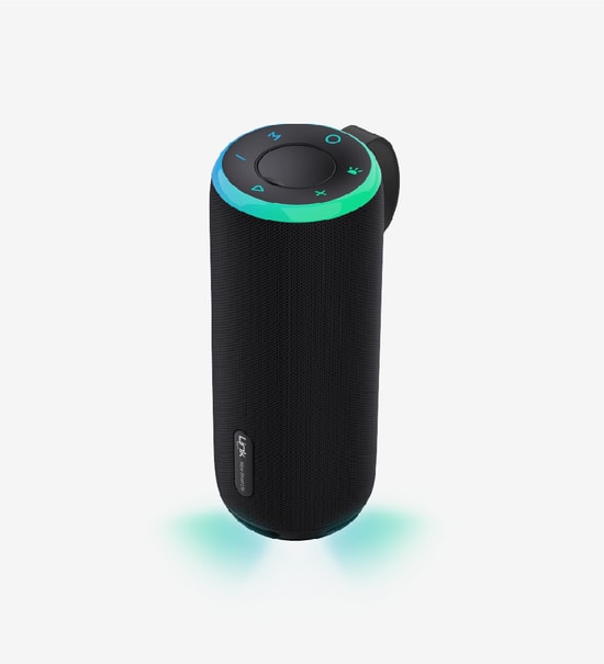 LinkTech LPS-R124 Premium IPX4 Siyah Işıklı Bluetooth Hoparlör - 7.5W Stereo Ses, FM Radyo, RGB, Suya Dayanıklı, 1500mAh