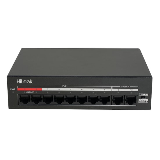HiLook NS-0110MP-60 10 Port PoE Switch - 8 Port PoE, 2 Uplink, 60W, 250m Mesafe, Metal Kasa, Yönetilemez Switch