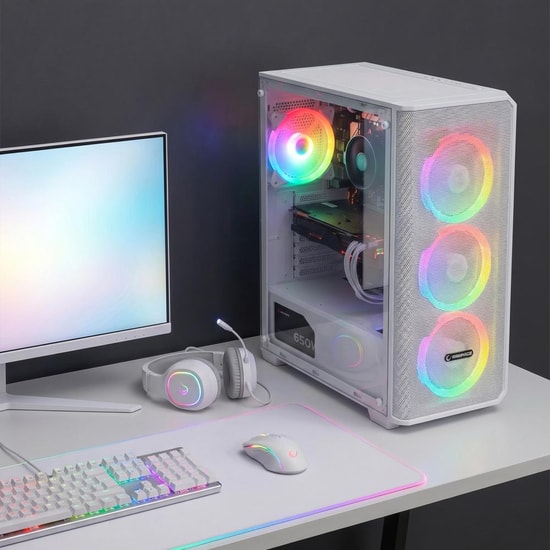 Rampage Helios Mesh 650W Beyaz 80+ Rainbow ATX Mid-Tower Gaming Kasa - 4x12cm Fan, 240mm Sıvı Soğutma Desteği