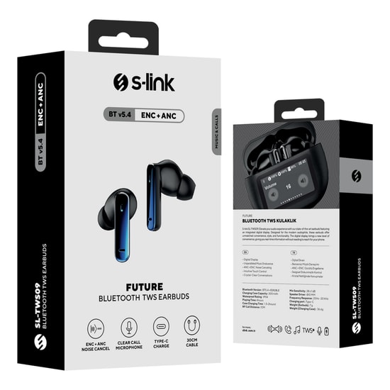 S-Link SL-TWS09 Siyah BT 5.4 TWS Kulak İçi Kulaklık - 4 Mikrofonlu ENC + ANC, Suya Dayanıklı, 10m Çekim Mesafesi
