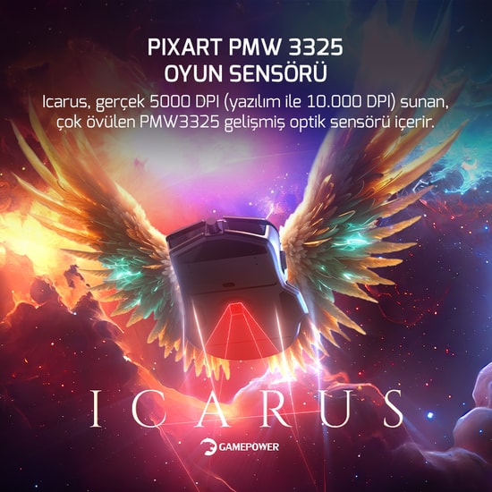 Gamepower Icarus RGB Black Kablolu Optik Oyuncu Mouse (ICARUS-RGB-BLACK) - 10.000 DPI, 9 Tuş, Omron Switch, Siyah