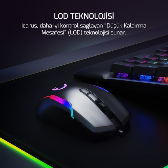 Gamepower Icarus RGB Black Kablolu Optik Oyuncu Mouse (ICARUS-RGB-BLACK) - 10.000 DPI, 9 Tuş, Omron Switch, Siyah
