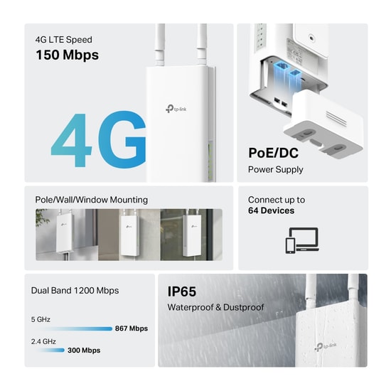 TP-Link Archer-MR402-OUT AC1200 Çift Bant 4G LTE Dış Mekan Router - WiFi 5, IP65, 4xAnten, PoE Destekli, Sim Kartlı