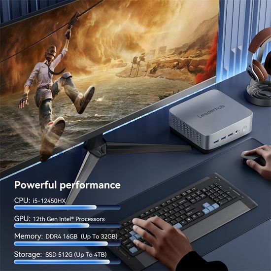 LEADERHUB LP5C Mini PC: i5-12450H, 16GB DDR4, 512GB NVMe SSD, Windows 11 Pro, UHD Grafik, Gümüş Kasa, Kompakt