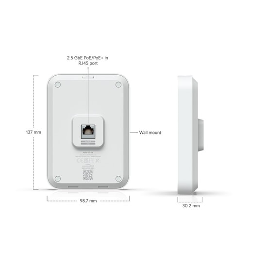 Ubiquiti UniFi7 U7-IW WiFi 7 Duvar Tipi Access Point - 2.5G Port, 2x2 MIMO, PoE Giriş/Çıkış, Adaptörsüz, 7.3Gbps