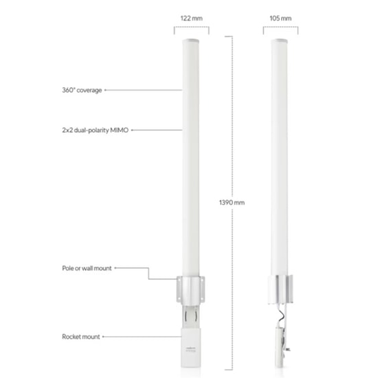 Ubiquiti AirMax AMO-5G13 5GHz 13dBi Omni-Directional Harici Anten - 360 Derece Sektörel, 2x2 MIMO Teknolojisi