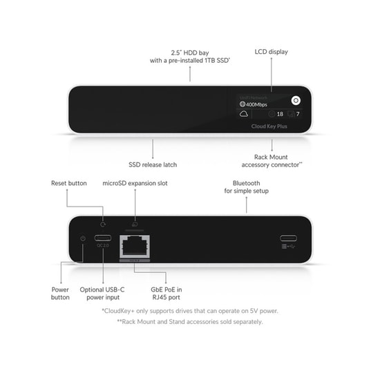 Ubiquiti UCK-G2-SSD UniFi CloudKey Gen2 Controller - 1 Port Gigabit, USB-C, Tümleşik SSD li Ağ Yönetim Cihazı