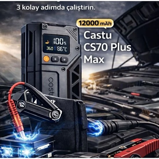 Nettech Castu CS70 Plus Siyah Şarjlı Akü Takviye ve Lastik Şişirme Makinesi (NT-118031) - 500mAh Pil, Type-C Şarj
